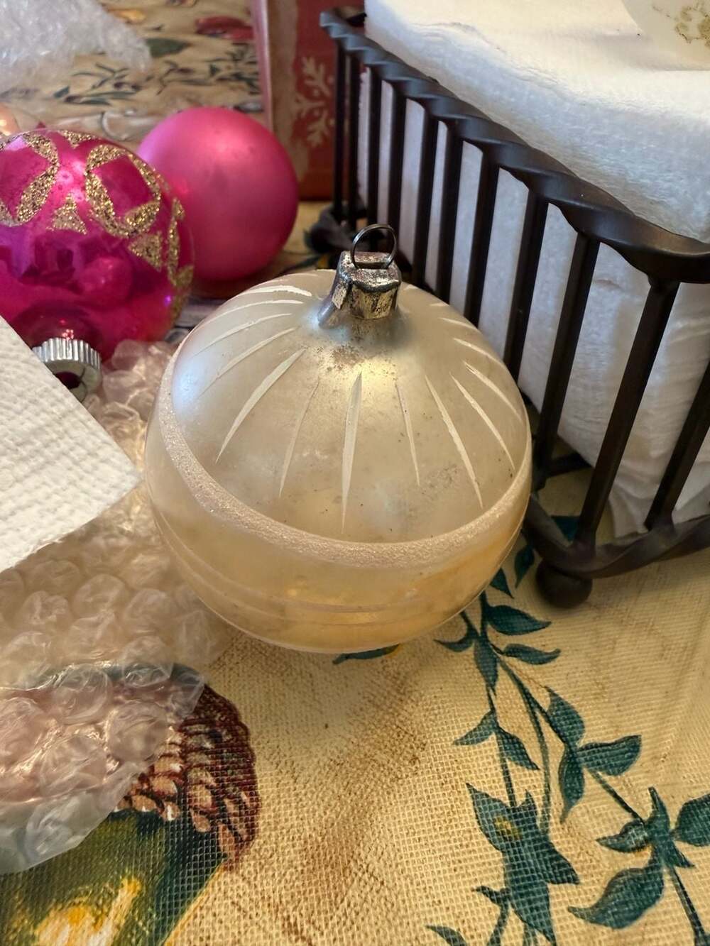 Vtg West Germany Blown Glass Christmas Ornament Hand Painted White Stripes